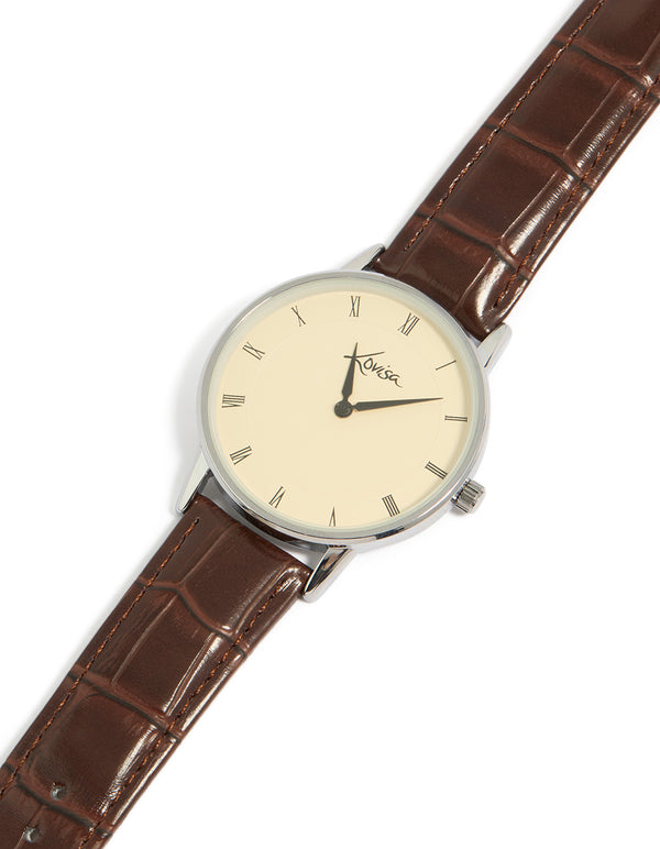 Featuring snake skin style on a white roman dial, round shape for men, formal occasion styling, brown leather strap, and analog PU leather watch front view