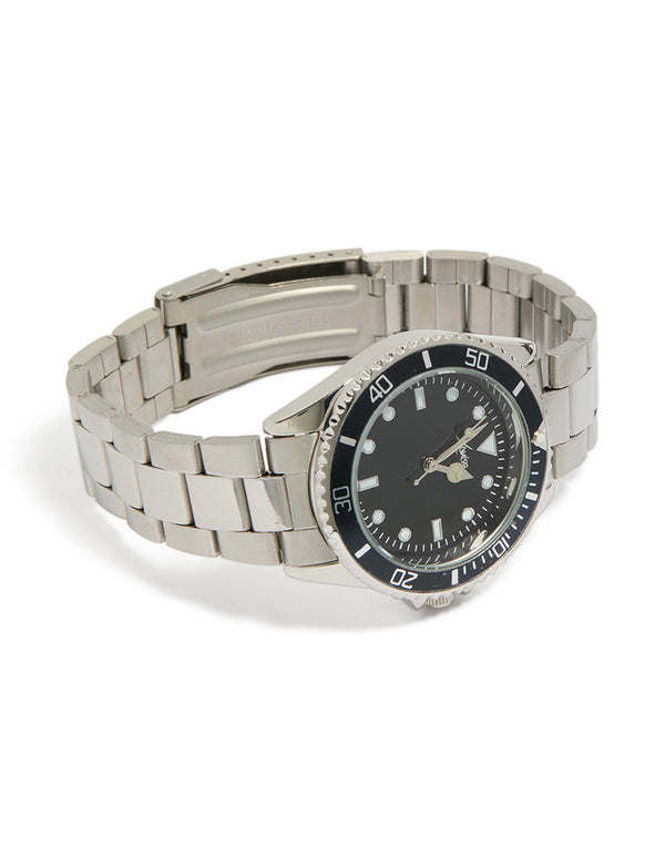 Featuring a men's silver watch with numbers, black dial, round shape, formal occasion, link band strap, and analog type front view