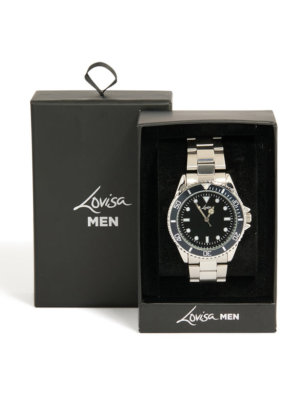 Crafted for men, this silver watch features numbers, black dial, round shape, formal occasion, link band strap, and analog type case detail view
