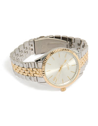 Crafted with men's mixed metal etched link classic watch featuring white dial, round shape, formal occasion, link band in multi-color, and analog type watch face detail view - link has visual effect only