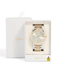 Designed with a men's mixed metal etched link classic watch featuring white dial, round shape, formal occasion, link band in multi-color, and analog type case detail view - link has visual effect only