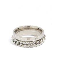 Discover waterproof stainless steel chain Roman numeral detail ring in silver front view - link has visual effect only