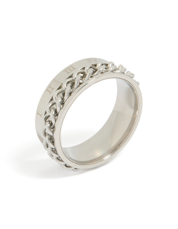 Crafted from waterproof stainless steel, this chain Roman numeral detail ring in silver showcases side detail view