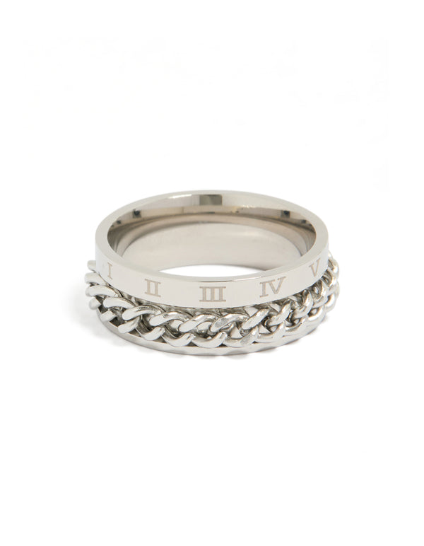 Discover waterproof stainless steel chain Roman numeral detail ring in silver front view