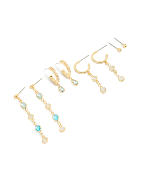 Gold Plated Blue & Clear Cubic Zirconia Stacking Earrings 4-Pack