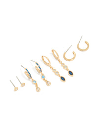 Gold Plated Bezel Dark Blue Cubic Zirconia Marquise Stacking Earrings 4-Pack - link has visual effect only