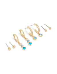 Gold Plated Clear & Light Blue Cubic Zirconia Stacker Earrings 4-Pack - link has visual effect only