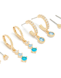 Gold Plated Clear & Light Blue Cubic Zirconia Stacker Earrings 4-Pack - link has visual effect only