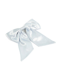 Showcasing a bow detailed satin fabric hair comb in solid powder blue and silver front view - link has visual effect only