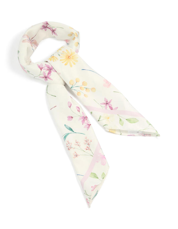 Showcasing a white and pink flower print fabric scarf featuring floral patterns with leaf accents in ivory light pink moccasin and pale green tones front view