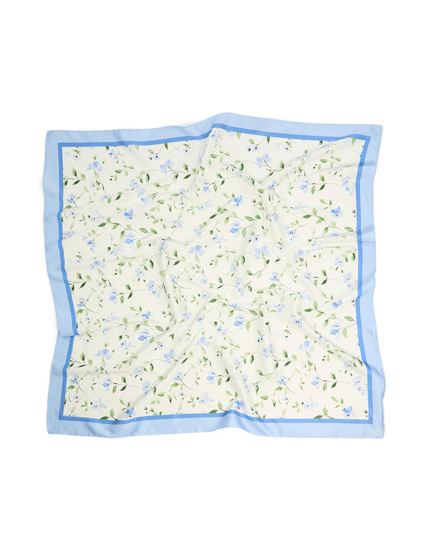 White Blue Flower Print Fabric Scarf