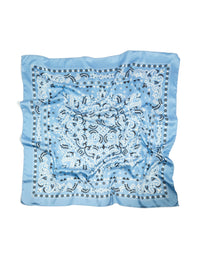 Crafted from fabric, this pale blue scarf with printed paisley pattern and leaf details in light sky blue, white, and black detail view - link has visual effect only