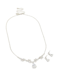 Silver Cubic Zirconia Dainty Necklace & Earrings Set - link has visual effect only