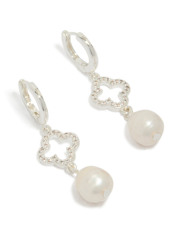 Silver Plated Pave Clover Pearl Drop Earrings