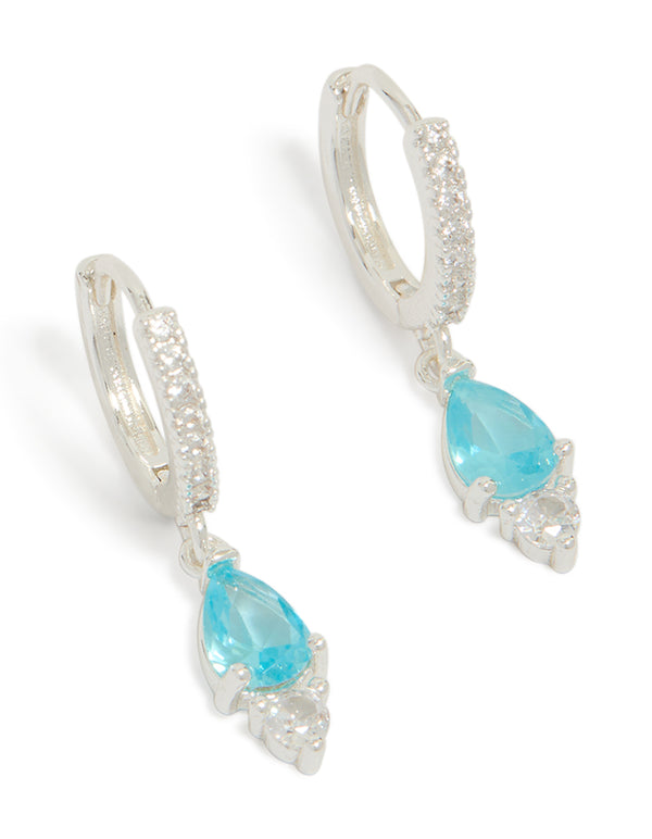 Silver Plated Cubic Zirconia Blue Huggie Drop Earrings