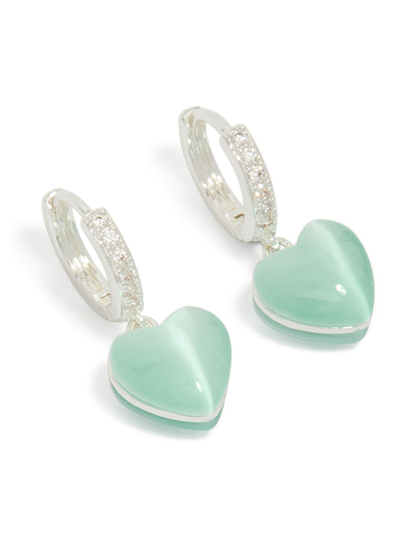 Silver Plated Pave Blue Heart Drop Hoop Earrings