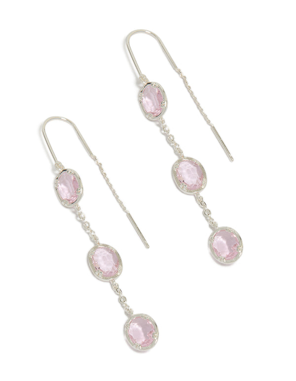 Silver Plated Pink Stone Thread Through Earrings