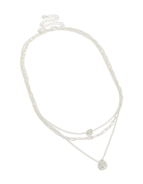Silver Plated Cubic Zirconia Bezel Chain Layered Necklace