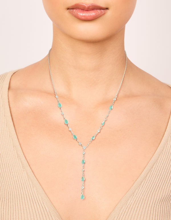 Silver Plated Cubic Zirconia Blue Alternating Oval Y-Necklace