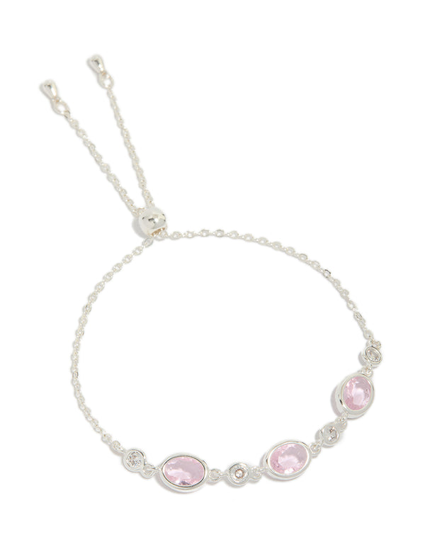 Silver Plated Pink Cubic Zirconia Triple Bezel Toggle Bracelet