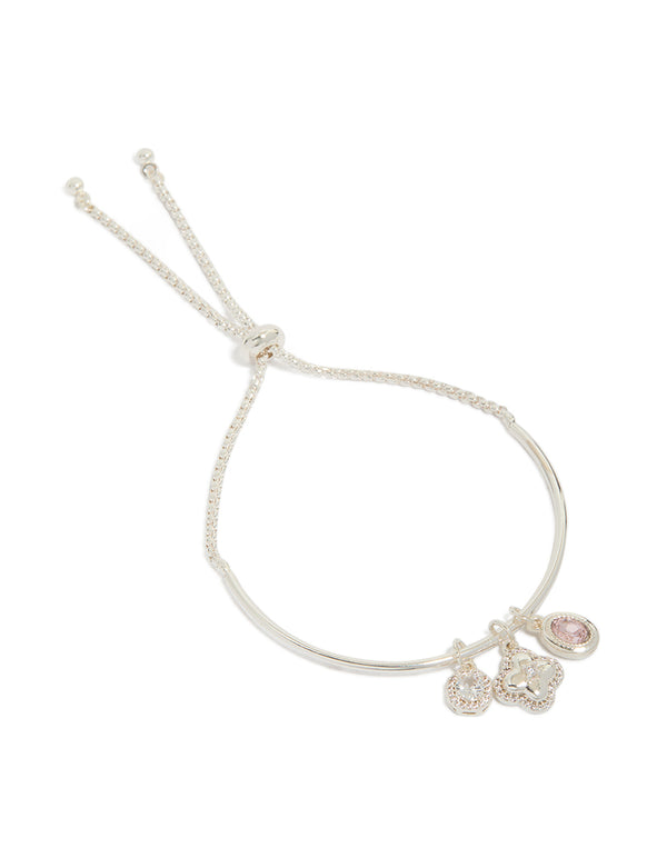 Silver Plated Cubic Zirconia Clover Charm Toggle Bracelet