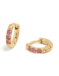 Waterproof gold plated stainless steel pink cubic zirconia huggie earrings front view - link has visual effect only