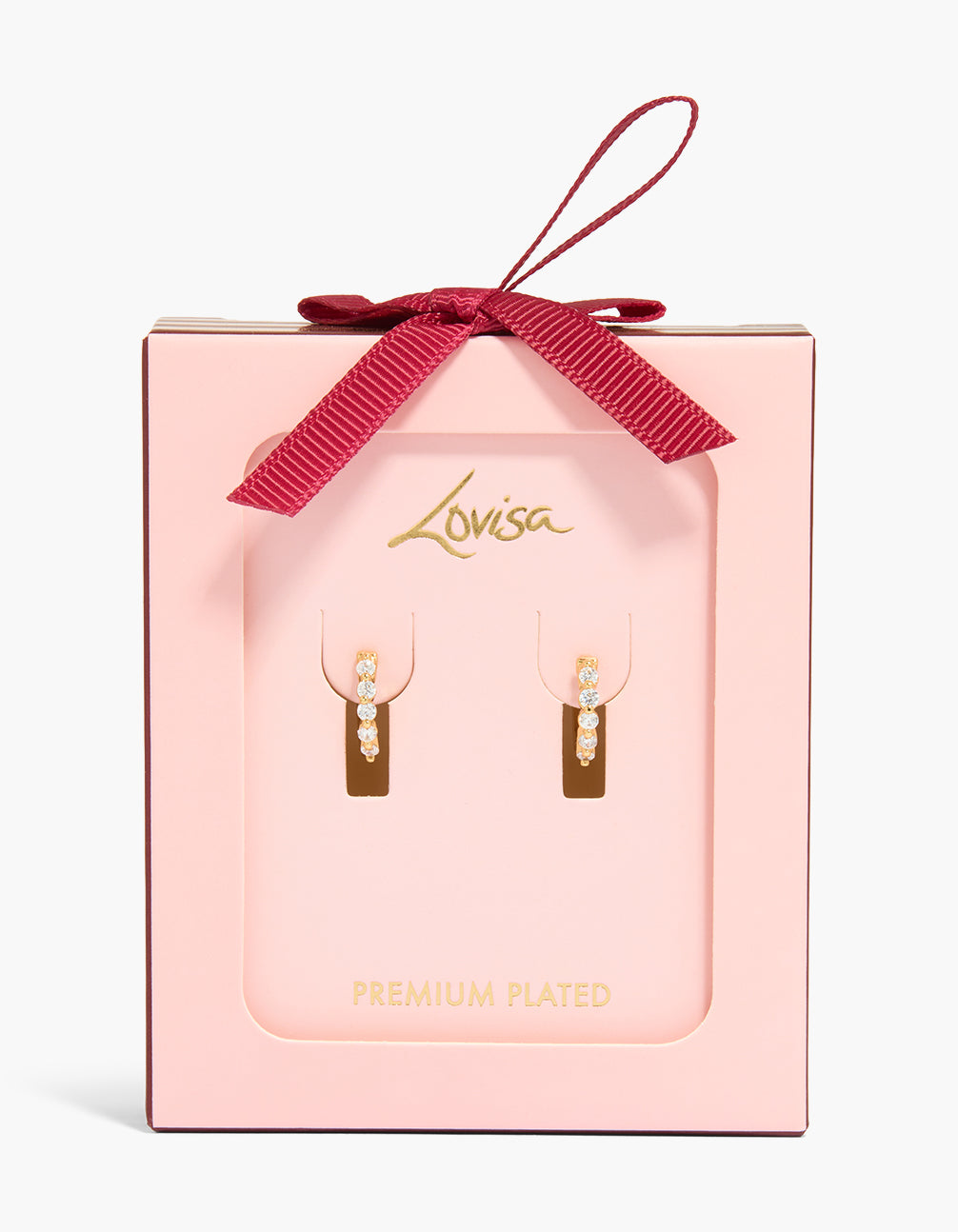 Showcasing mini huggie earrings in gold plated featuring cubic zirconia with huggie closure shown in a packaging front view