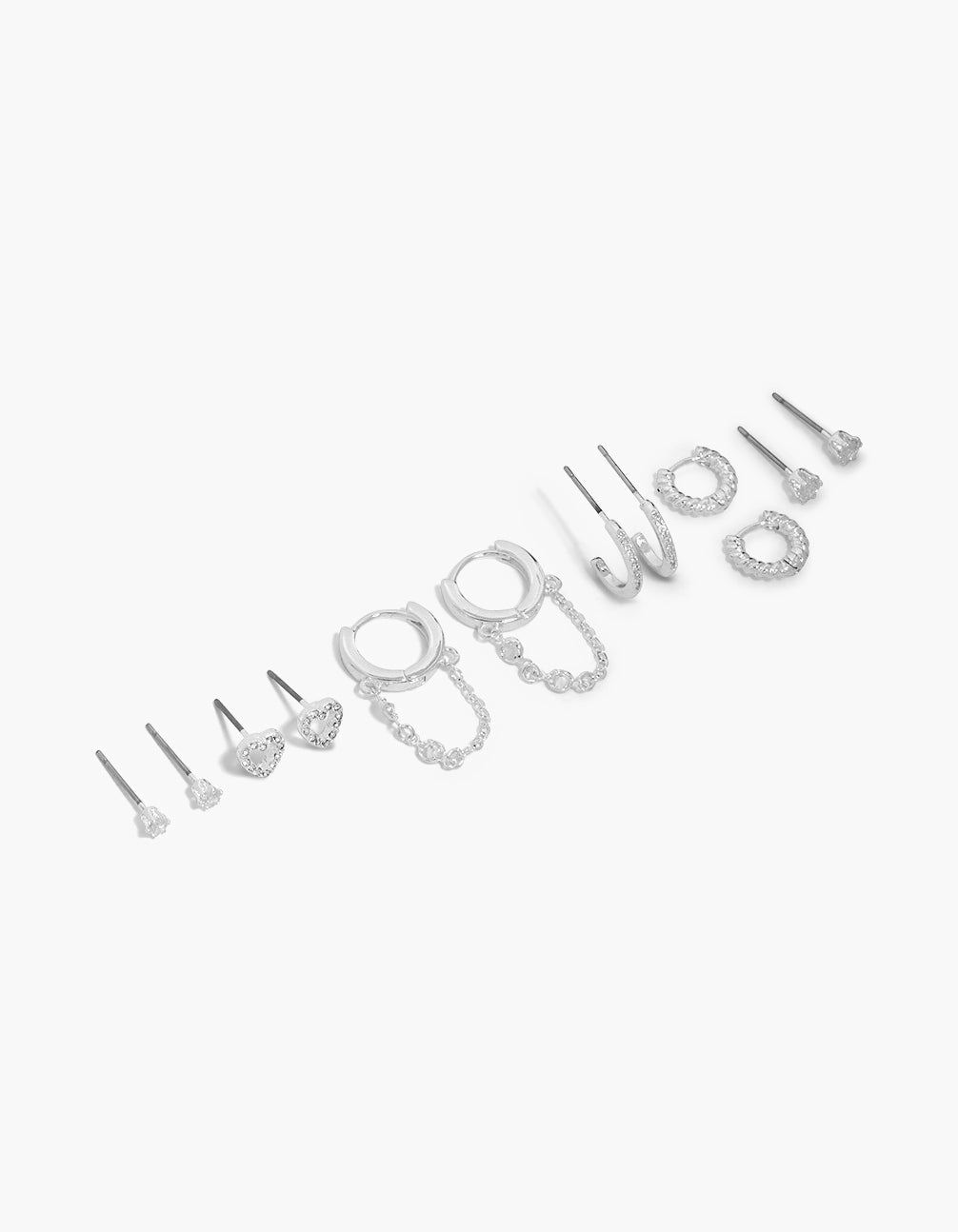 Silver Plated Cubic Zirconia Heart Chain Stud Earrings 6- Pack