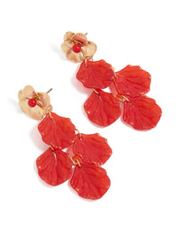 Showcasing gold red petal drop with floral stud earrings, stud closure front view - link has visual effect only