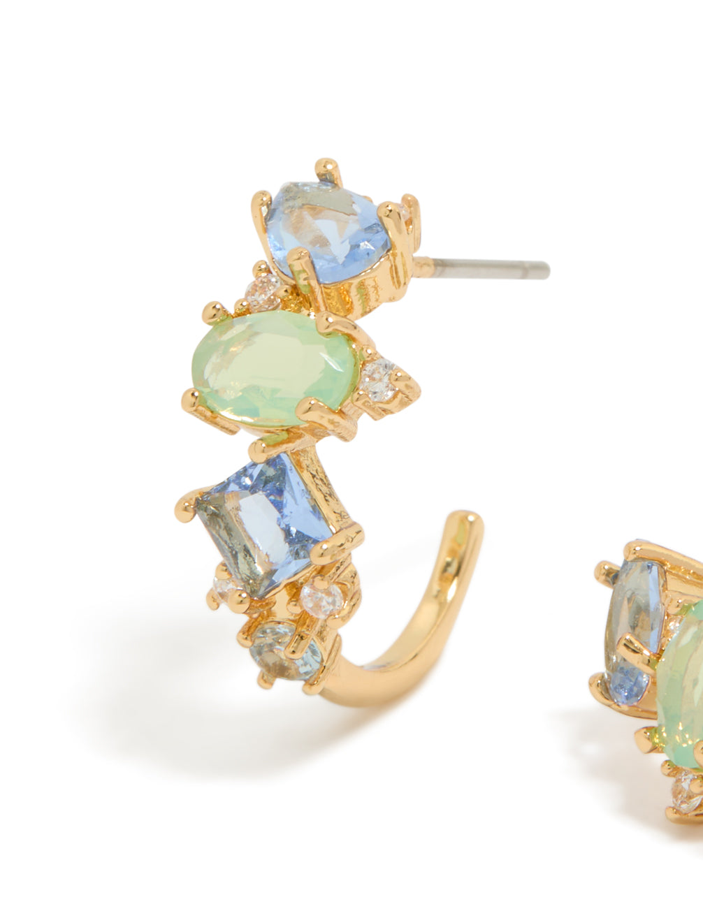 Featuring gold plated blue and green cubic zirconia multi-shaped hoop earrings with light sky blue and pale stones in a close up view