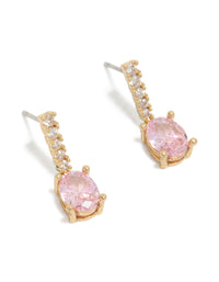Showcasing gold plated light pink cubic zirconia oval drop earrings front view - link has visual effect only
