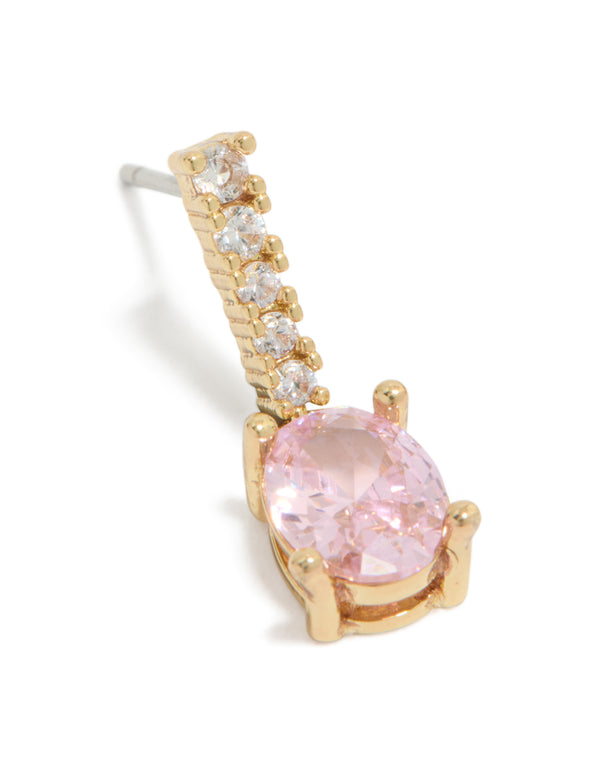 Featuring gold plated light pink cubic zirconia oval drop earrings close up view