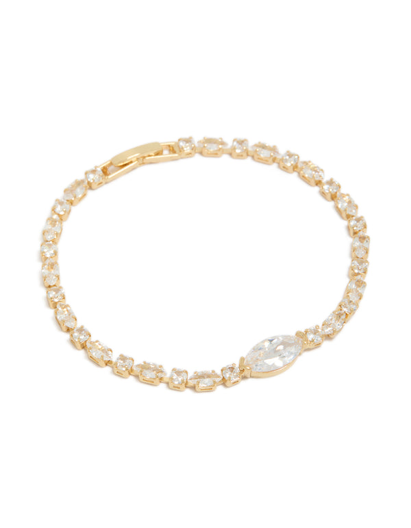 Featuring a gold plated chunky tennis bracelet with cubic zirconia in dainty styling front view