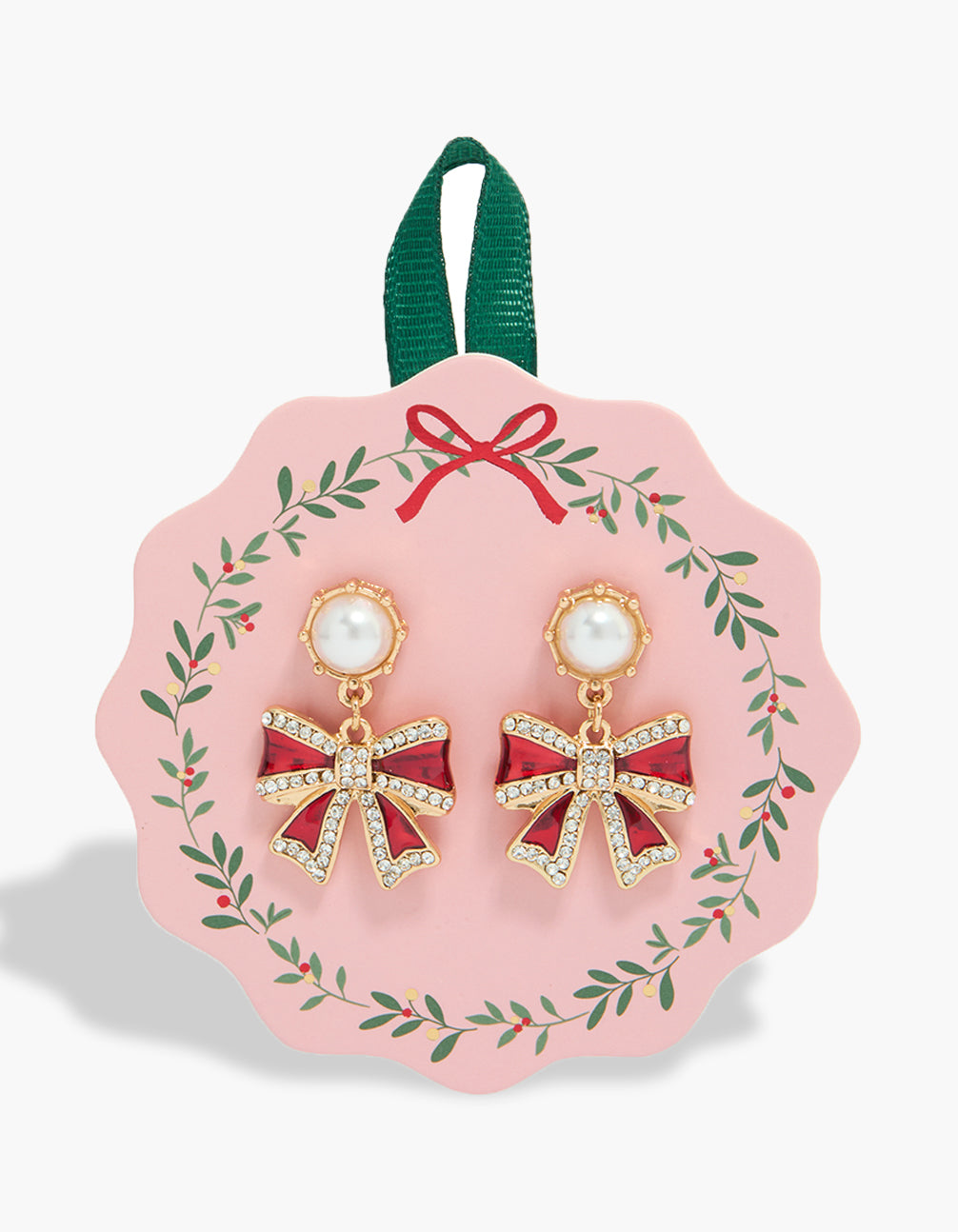 Showcasing gold diamante and pearl red bow earrings in statement style front view