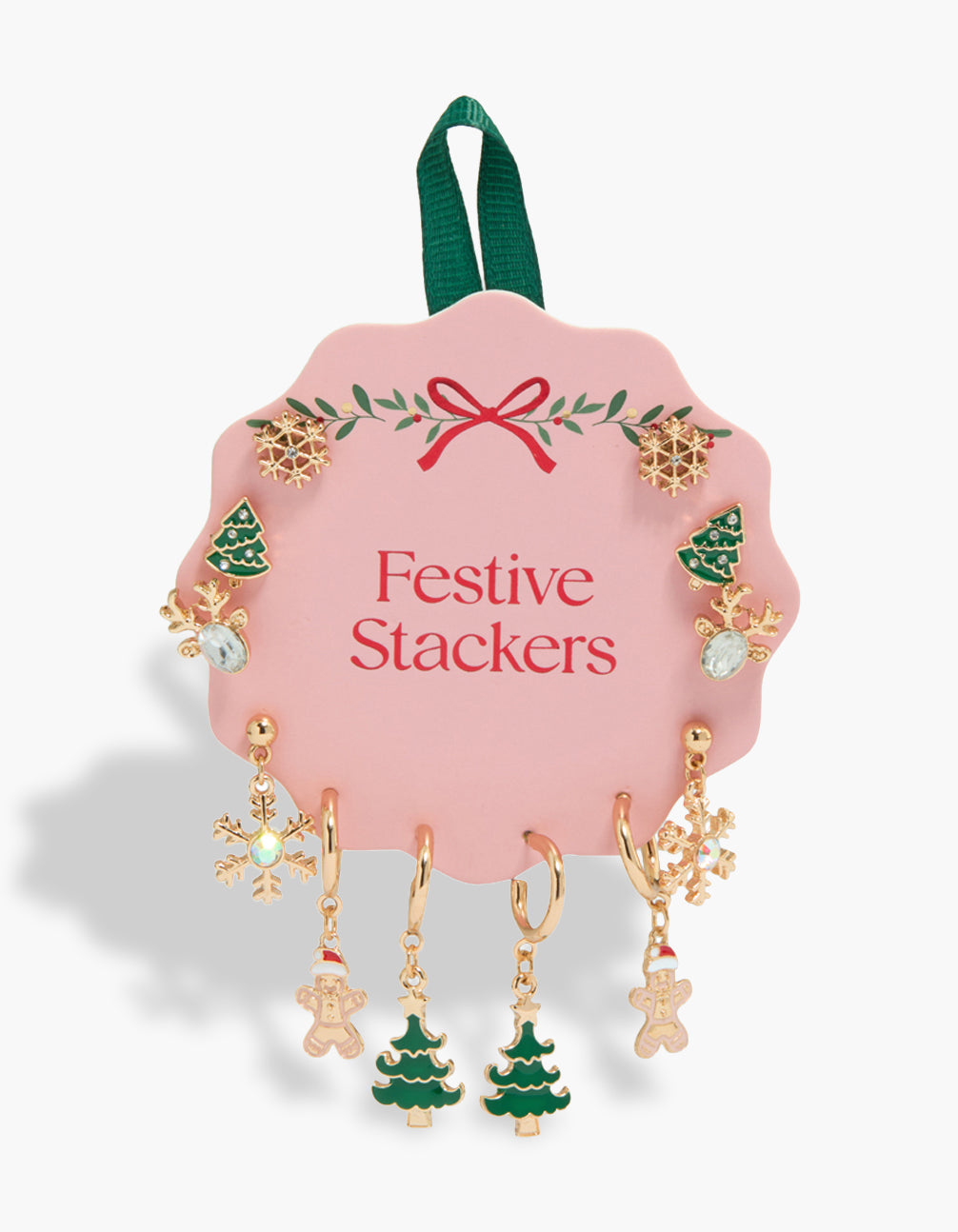 Discover this gold snowflake and Xmas tree earrings 6-pack featuring reindeer stud and snowman front view