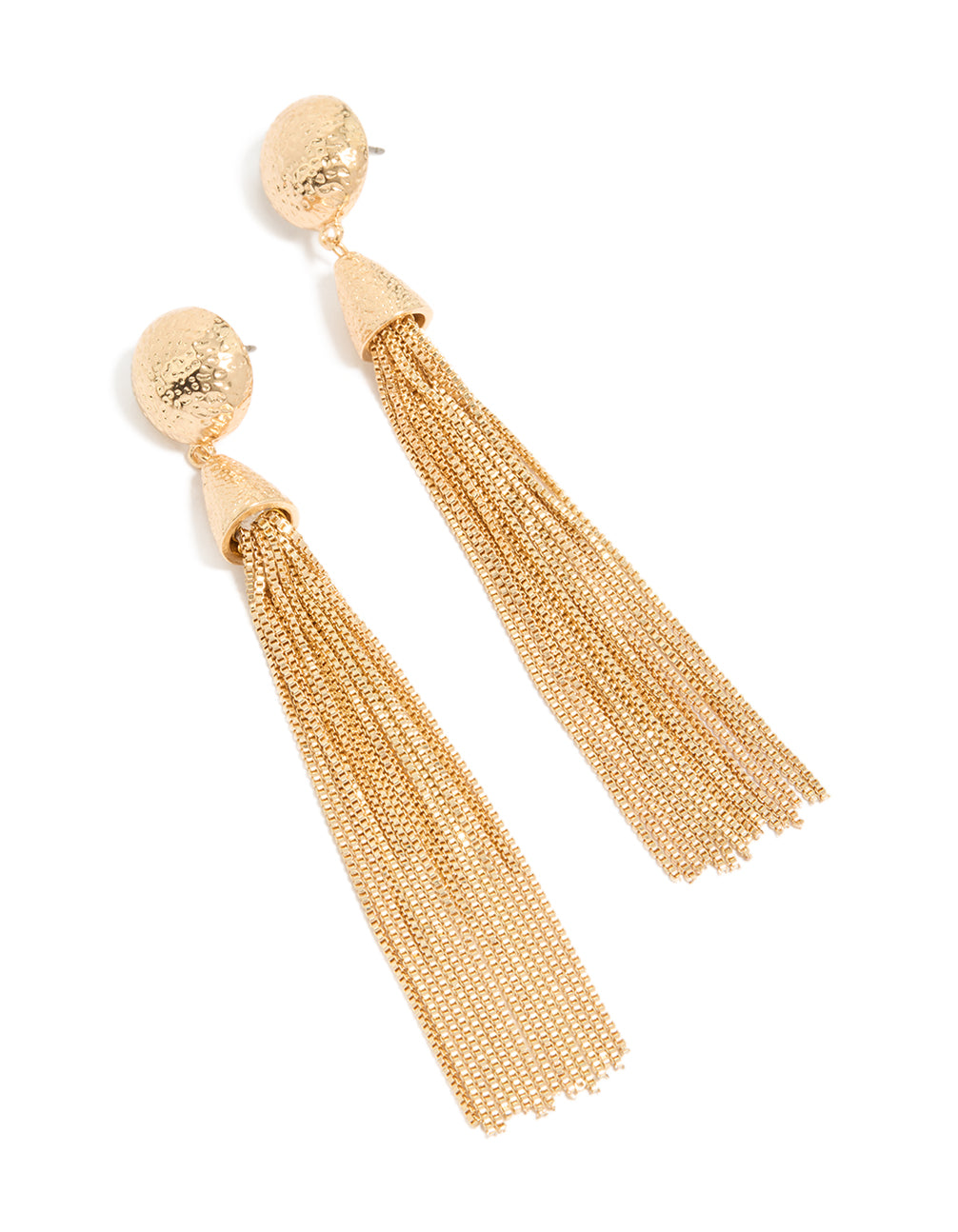 Showcasing statement gold dome tassel drop earrings front view