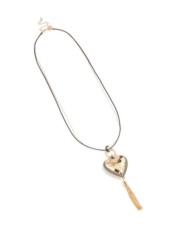 Mixed Metal Chunky Heart Tassel  Cord Layered Necklace