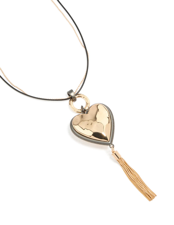 Mixed Metal Chunky Heart Tassel  Cord Layered Necklace