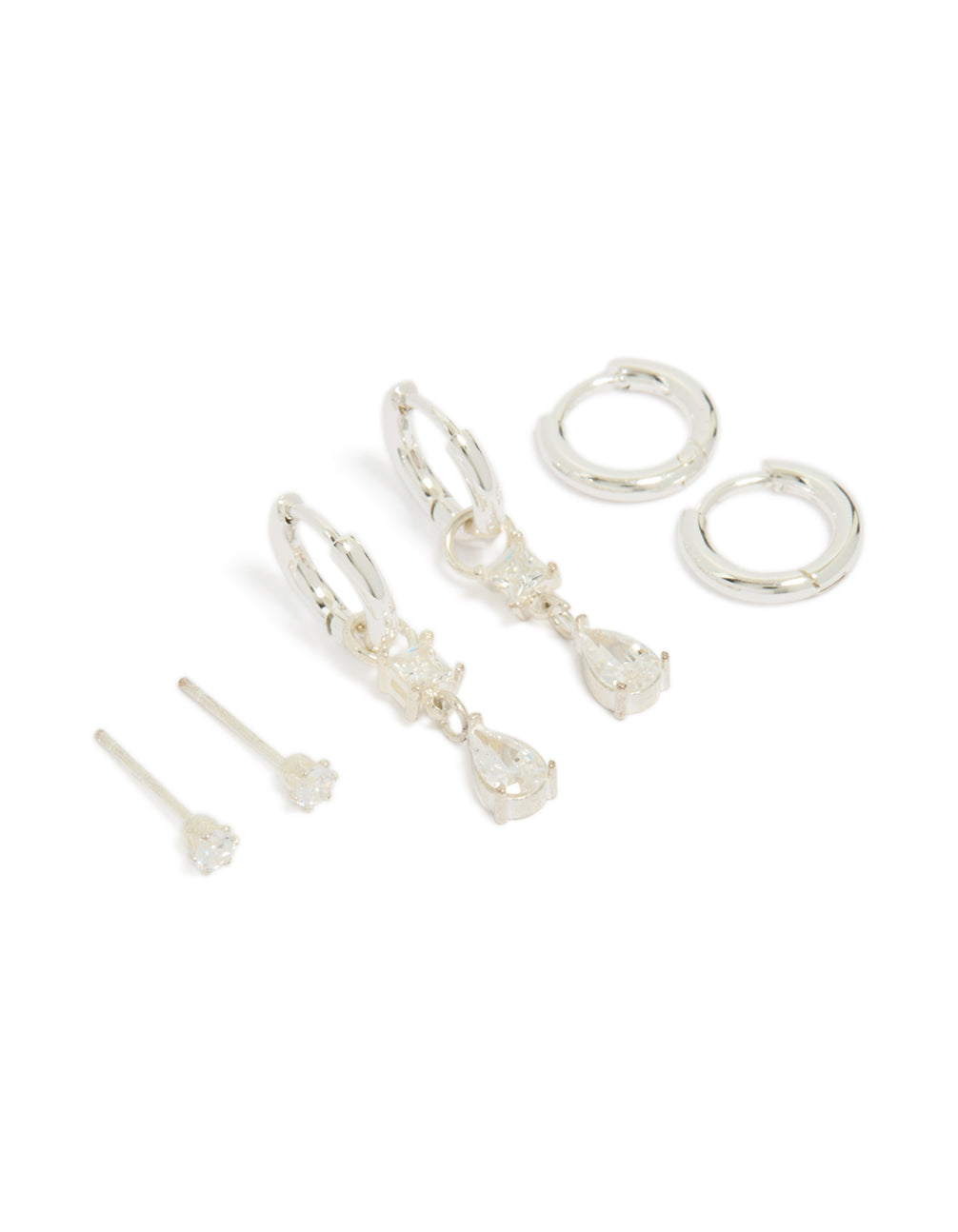 Presenting a stainless steel cubic zirconia mixed drop hoop earrings 3-pack featuring crystal waterproof material with stud closure in silver and clear front view