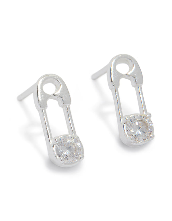 Showcasing statement stud earrings crafted from sterling silver with cubic zirconia in a safety pin design, front view