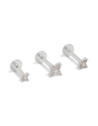 Crafted from sterling silver, these flower flat back stud earrings in a 3-pack with clear accents front view - link has visual effect only