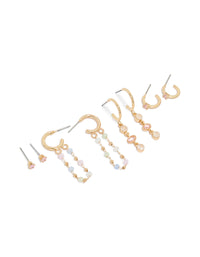 Showcasing a 4-pack of gold plated drop chain earrings featuring cubic zirconia, beads, in light pink and pale turquoise front view - link has visual effect only