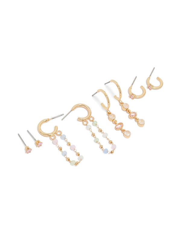 Showcasing a 4-pack of gold plated drop chain earrings featuring cubic zirconia, beads, in light pink and pale turquoise front view