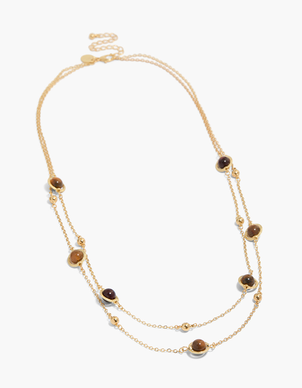 Showcasing gold plated brown beaded stones layered necklace with balls front view