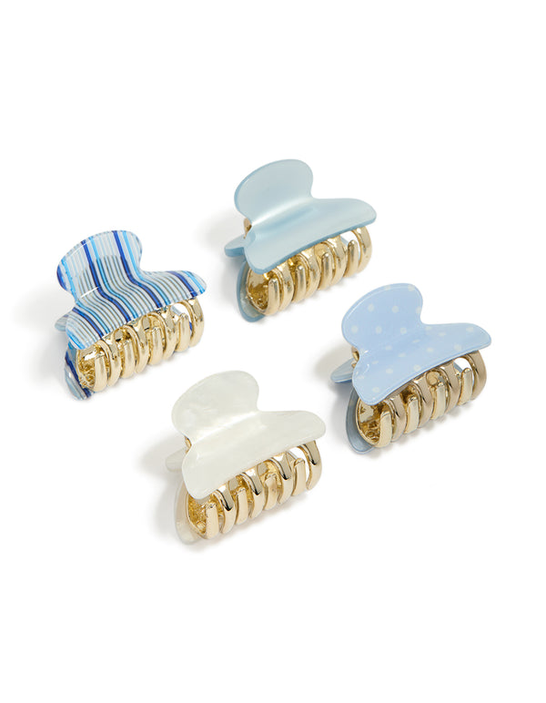 Discover striped acrylic claw clips in light blue, dodger blue, white, and gold front view