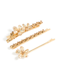 Elegant floral champagne toned diamante flower clips in a 3-pack crafted from glass with gold accents front view - link has visual effect only