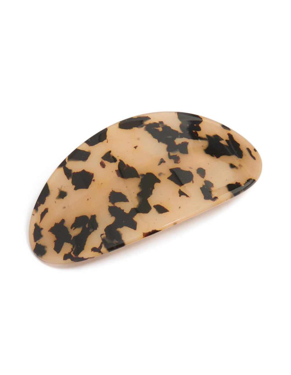 Showcasing a large tortoiseshell barrette clip in tan and dark slate grey front view