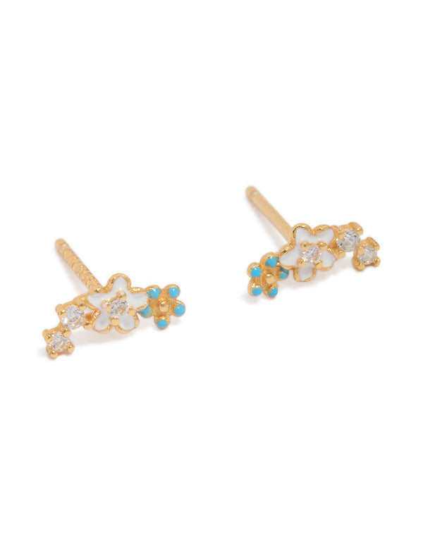 Stunning gold plated sterling silver cubic zirconia flower stud earrings with turquoise and white enamel front view