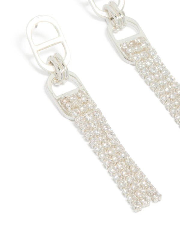 Showcasing silver diamante round attached tassel drop earrings close up view