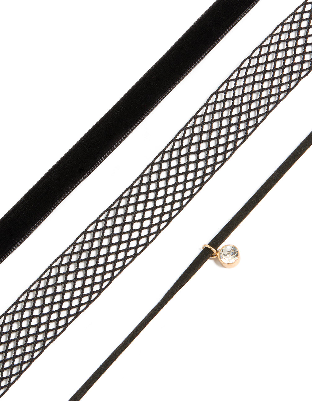 Beautifully crafted choker necklace 3-pack featuring gold and black mesh in close up view
